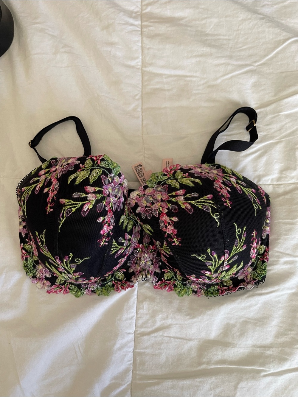 Victoria's Secret Black Bra with Pink & Green Floral Embroidery